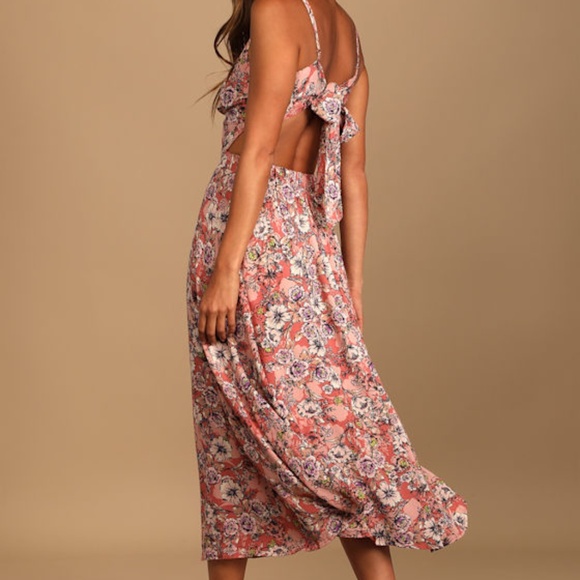 Lulus Dresses & Skirts - Lulus Ties With You Rose Pink Floral Print Tie-back Midi Dress - Size L